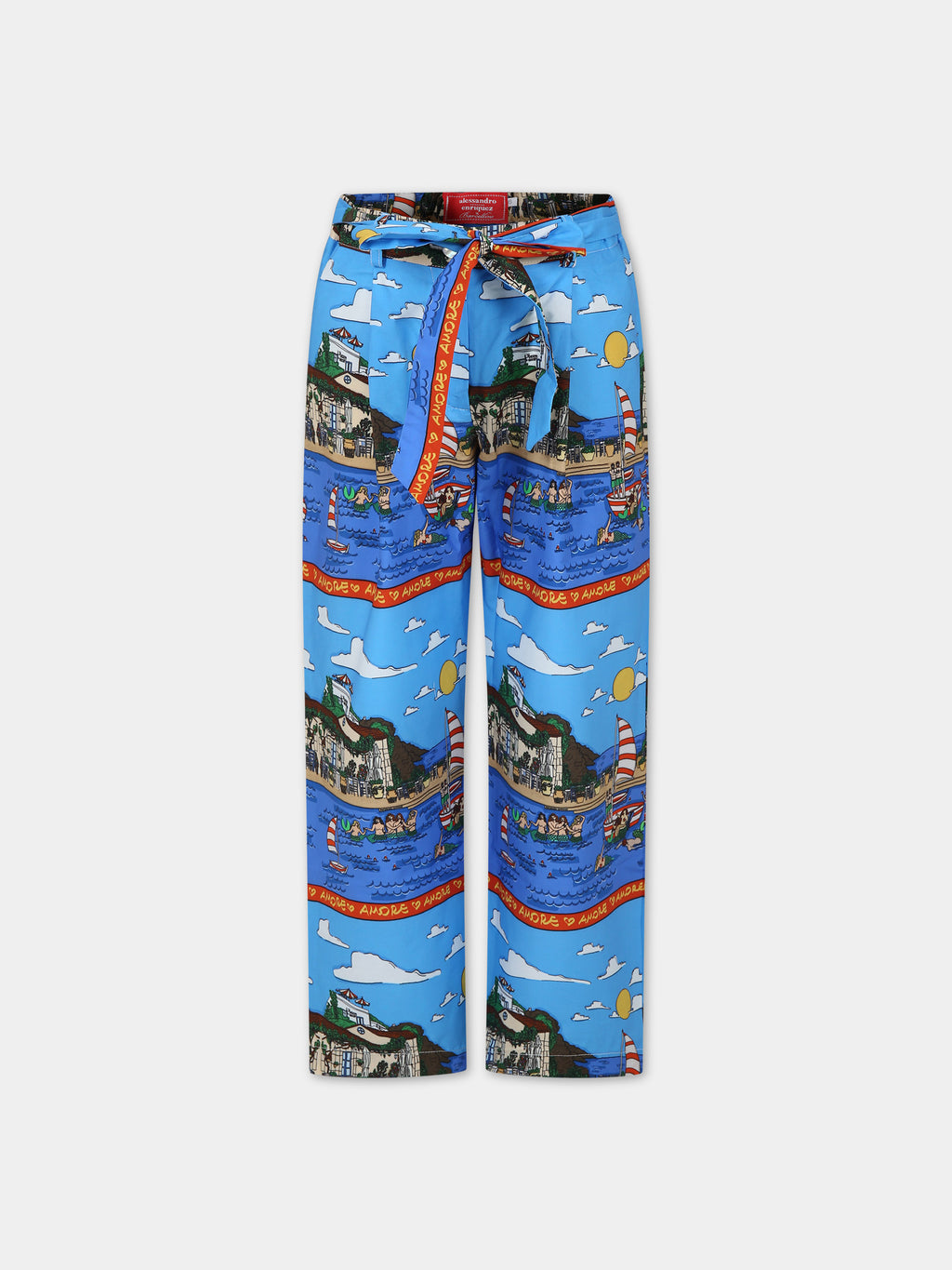 Light blue trousers for kids with pop print